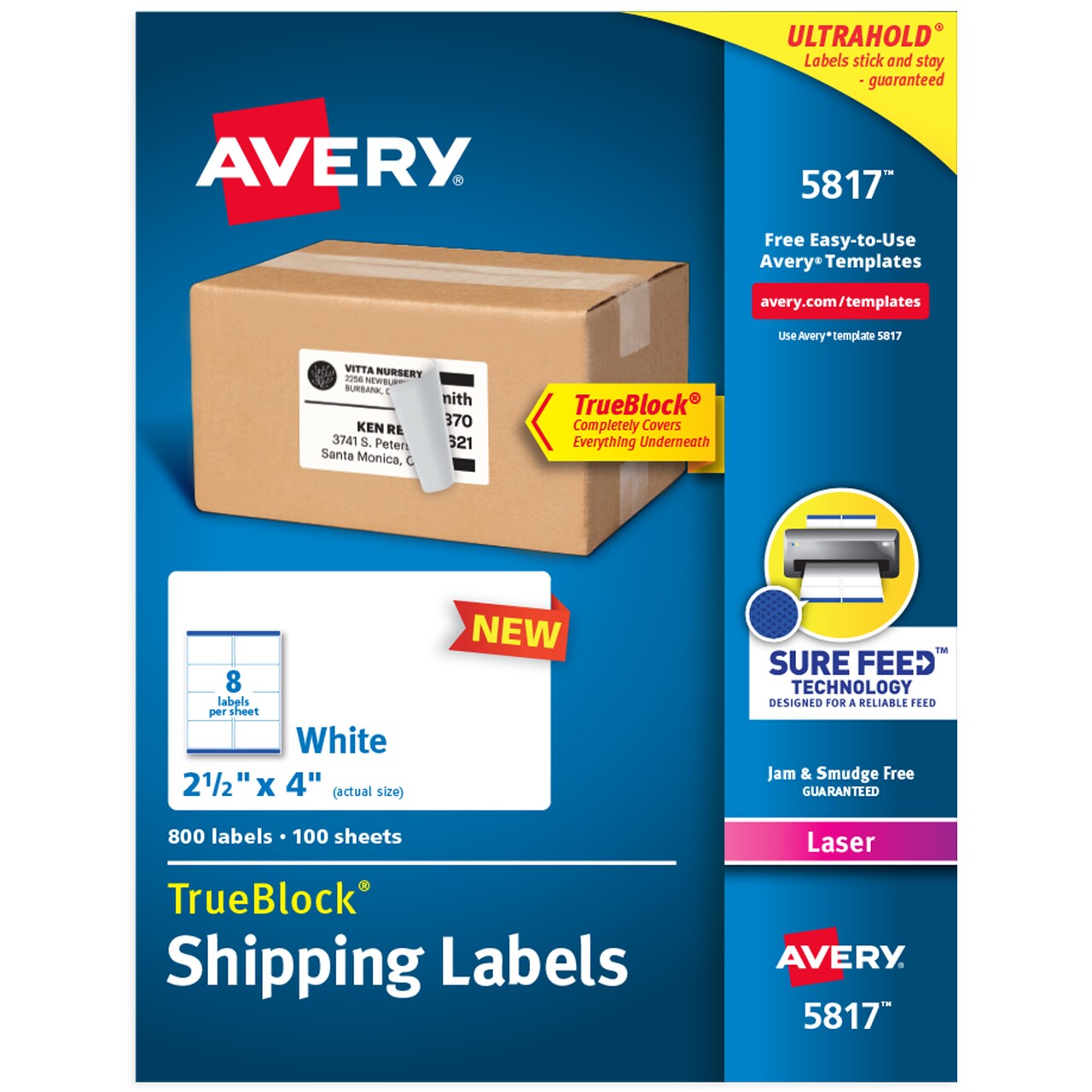 Avery Printable Blank Shipping Labels, 2.5" x 4", White, 800 Labels, Laser Printer, Permanent Adhesive (5817)